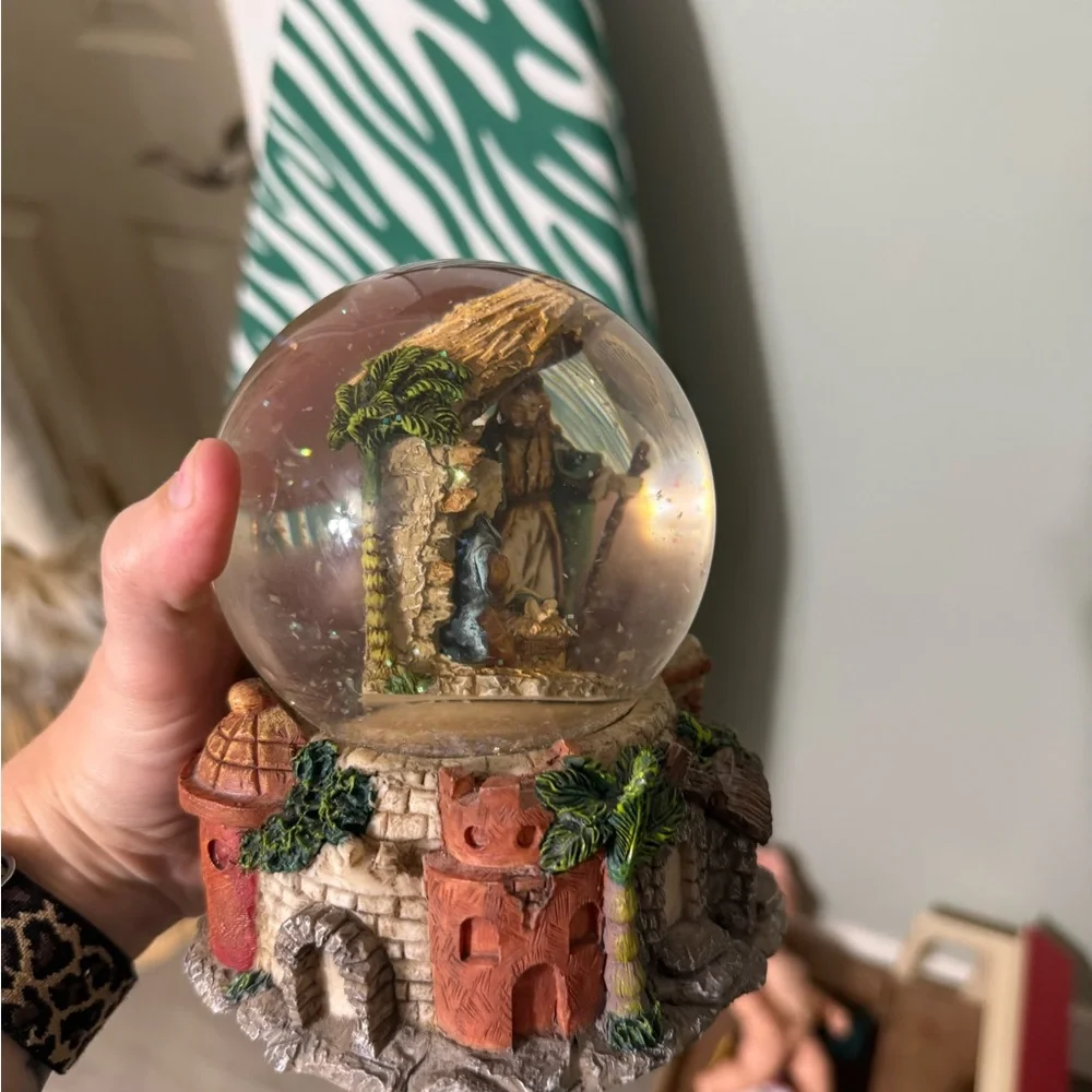 Nativity Scene Snow Globe with Rustic Base Plays Music
